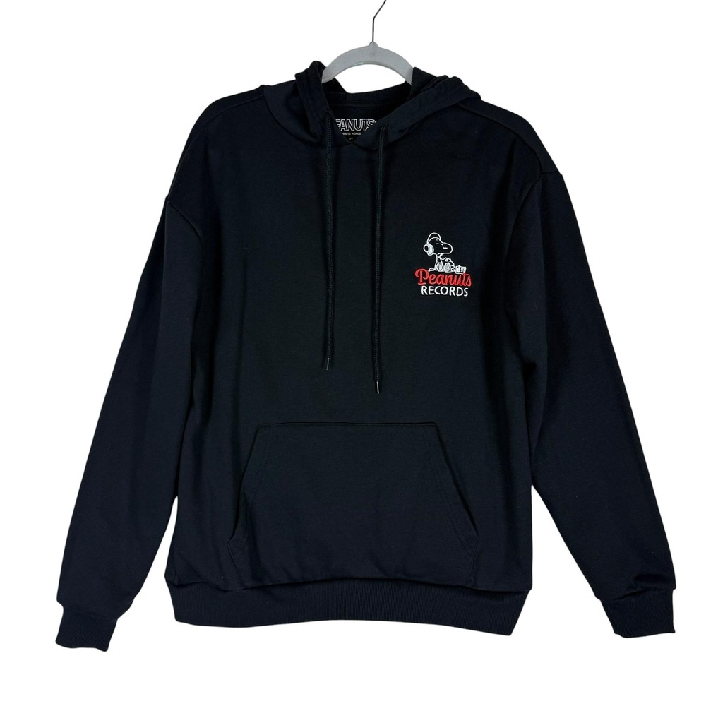 Peanuts Hoodie Mens Small Black Pullover Fleece Snoopy Records Back Graphic
